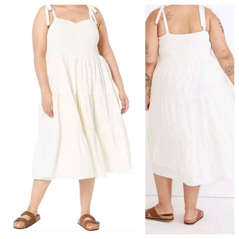 Madewell Plus Eyelet Lucie Tie-Strap Tiered Smocked Midi Dress Pockets | 3X